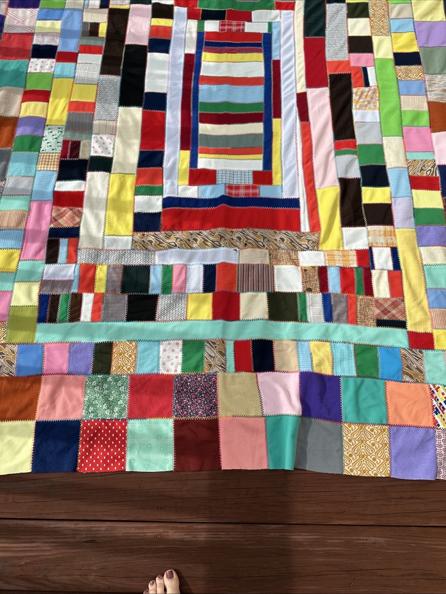 ✝️SCRAPQUILT RAG ✝️ VTG Crazy Quilt Top Only Scrappy Scrap Polyester Multicolor