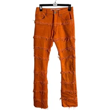 Bleeker & Mercer Distressed Pocketed Stacked Flare Fit Jeans Men's 28/36 Orange