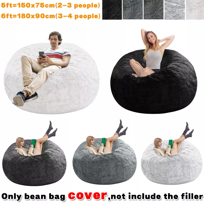 5/6FT Giant Bean Bag Cover Fluffy Velvet For Chair Sofa Living Room No  Filler