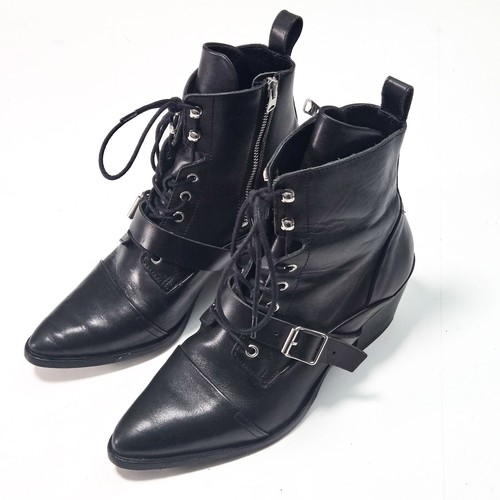 AllSaints Women’s Katy Boots Black Leather Size 9 Lace-Up Buckle Western Moto