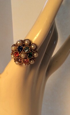 Vtg Rhinestone Pearl 70's Ring Fashion/Cocktail, Adjustable sz. 6-7, Multi Co