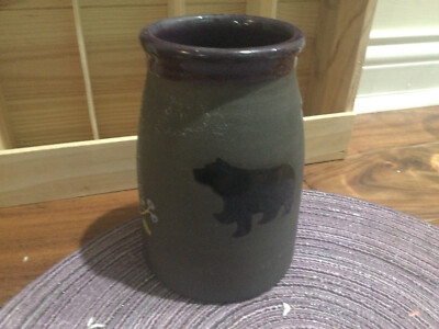 Boot Hill Pottery  shiny  Bear Deep Purple  on matte grey utensil crock vase 6.5