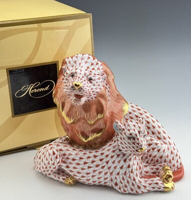   NEW in BOX HEREND Large LION Pair Rust Fishnet Cat Figurine ($2,878 Retail)