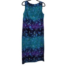 Vtg 80's Maxi Dress Sz 14 Teal Purple Ombre Floral Side Slit Resort Fairy Grunge
