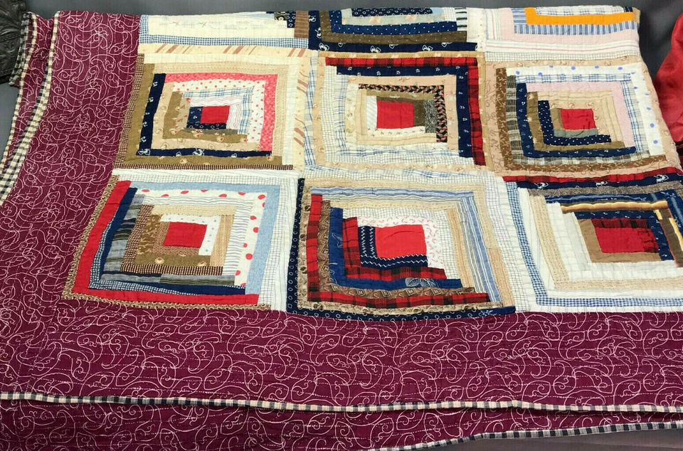 Antique-Vtg AMERICANA Log Cabin Patchwork Quilt Square-in-a-Square Diamond Block - Image 3 of 4
