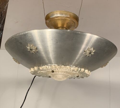 ANTIQUE VINTAGE ART DECO CEILING LIGHT FIXTURE CHANDELIER Aluminum Glass 1950’s