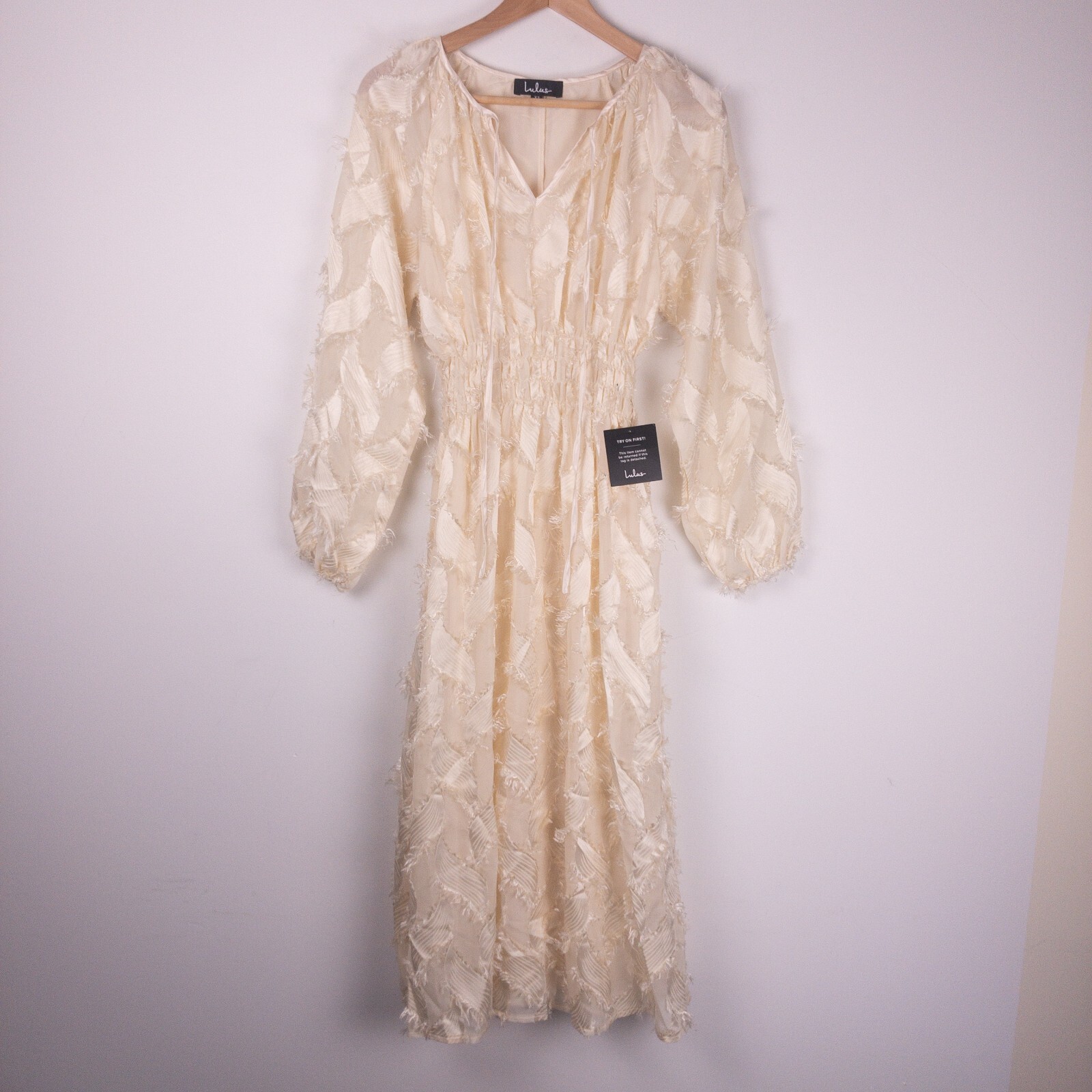 NEW Lulus Women's XS It's A Love Story Midi Cream Fringe Balloon Sleeve Dress