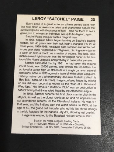 1990 NEGRO LEAGUE TRADING CARDS SATCHEL PAIGE, #20, NM/MT, HOF - Picture 2 of 2