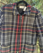 Villager Liz Claiborne Full Zip Jacket Size 14 Black Plaid Red Wool Blend Work