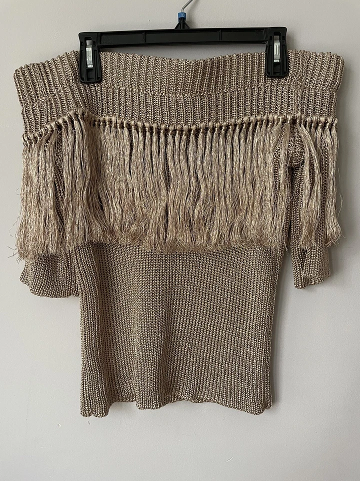 Stunning Julianna Bass Off Shoulder Fringe Sweater Heavy Metallic Gold Top $725 - Image 3 of 4