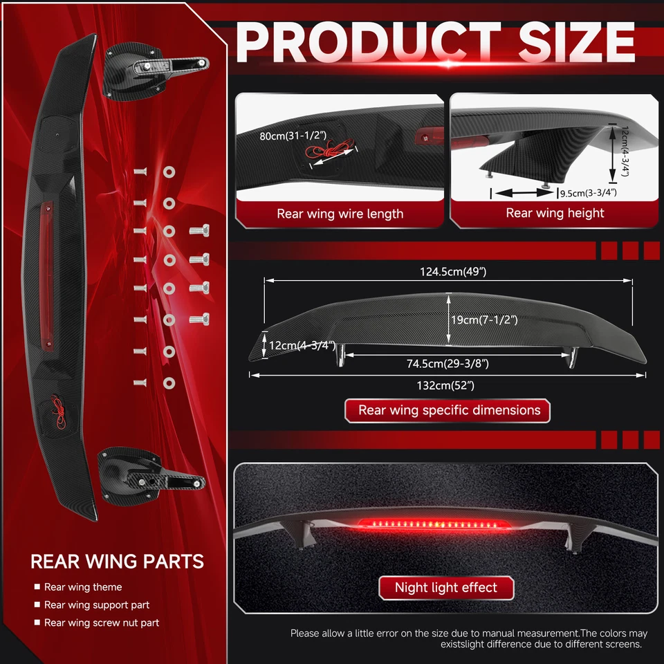 For Honda CR-Z 2011-2016 52" Rear Trunk Racing GT Wing Spoiler LED Brake Llight - Image 4 of 4