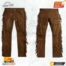 Men  s Handmade Western Pants   Suede Brown Leather Cowboy Fringe Style