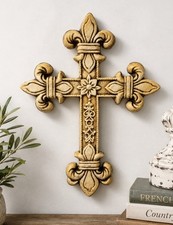 Vintage Fleur De Lis Wall Cross Antiqued Cream Gold Resin French Country Decor