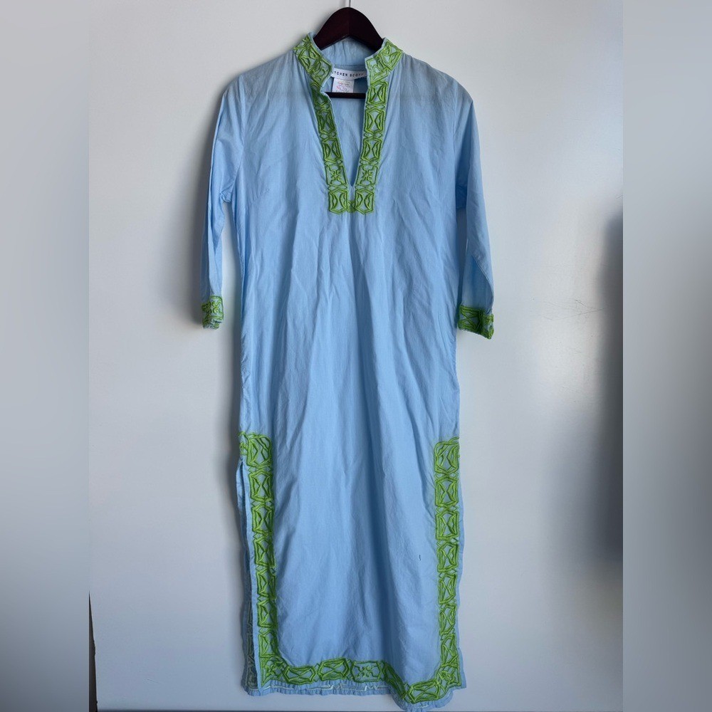 Gretchen Scott Blue Embroidered Tunic Maxi Dress Caftan Green Trim Resort Chic