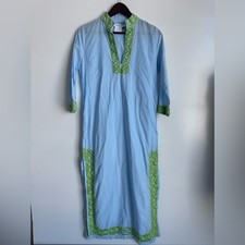Gretchen Scott Blue Embroidered Tunic Maxi Dress Caftan Green Trim Resort Chic