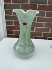 Lavorazione Arte Murano Green Spatter Art Glass Vase Italian Ruffled Rim 13.5"