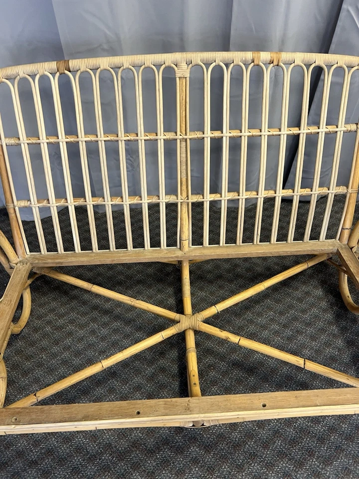 JUEGO DE MUEBLES DE BAMBÚ VINTAGE sofá y silla mediados de siglo moderno patio pretzel REED Foto 3 de 4