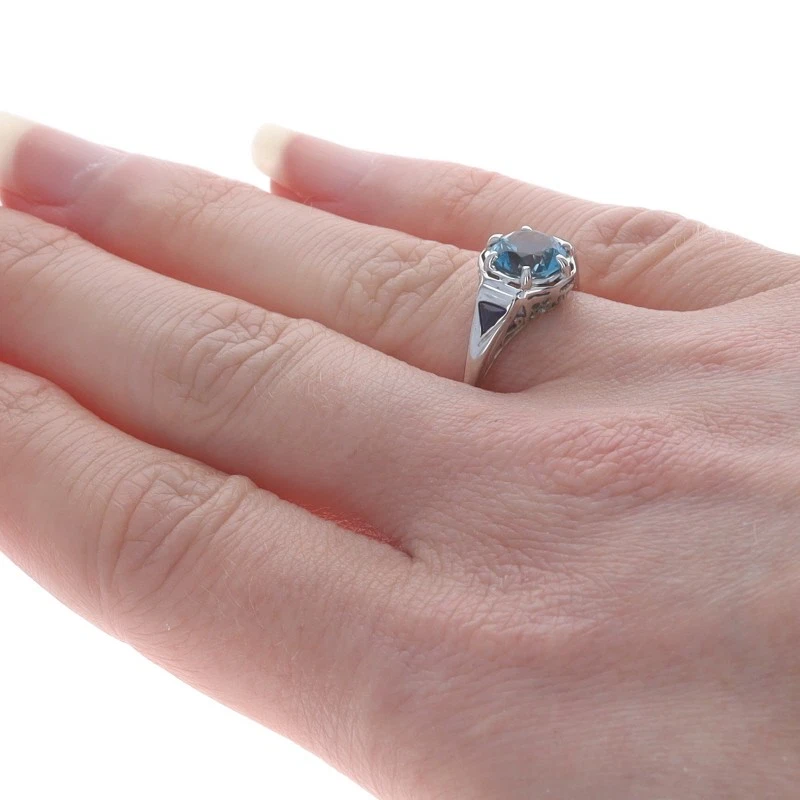 Anillo Art Deco Oro Blanco Topacio Azul y Zafiro Creado en Laboratorio - 14k 1.55ct De Colección Foto 4 de 4