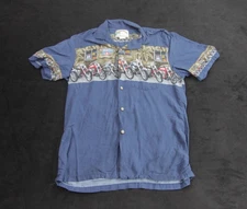Vintage Paradise Found Hawaiian Shirt Mens Medium Blue Motorcycle Camp Button Up