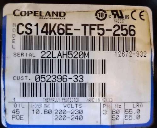 Copeland CS14K6E-TF5-256, 220V, 3 PH, R22, R134A, R404A, R507A, Reciprocating