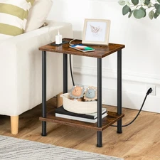 Side Table with Charging Station End Table w/ USB Ports Nightstand Stable Frame