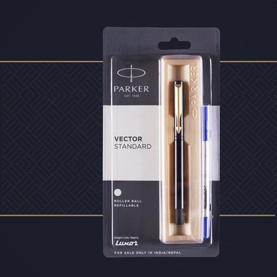 Vector Standard Gold Trim Roller Ball Pen Black by Parker Pens Ink Blue