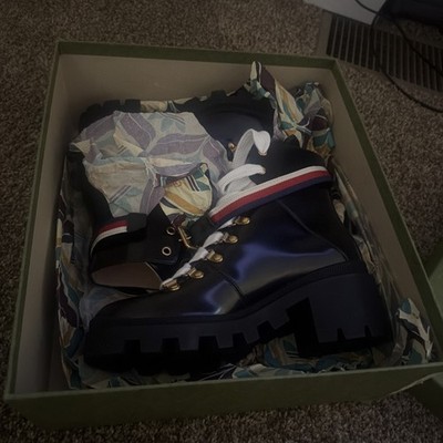 NIB Gucci Black Leather Lace Up Boots Size 38.5 $1100