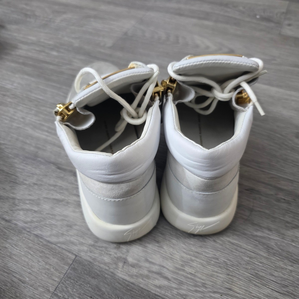 Giuseppe Zanotti White Grey Leather Gold Zip High Top Sneakers
