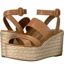 Nine West Kushala Tan Leather Espadrille Platform Woven Wedge Sandal Size 9.5