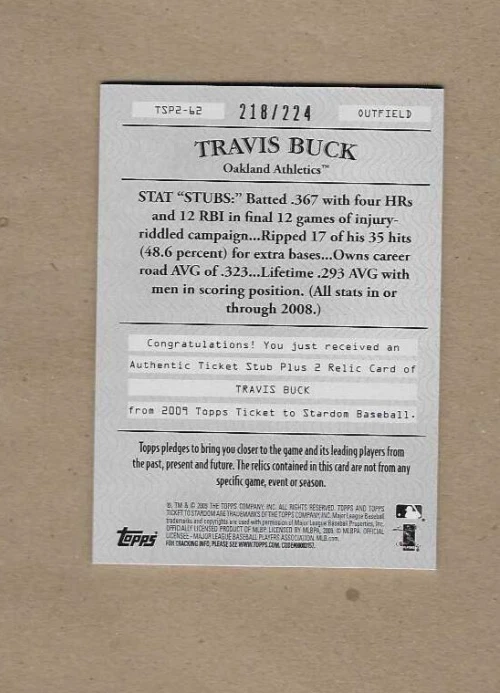 Travis Buck #'d 218/224 2009 Topps Ticket Stub dual relic jersey TSP2-62 - Image 2 of 2
