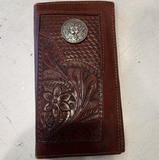 Brown Tooled Leather Long Bifold Folding Wallet, Floral Pattern, Concho