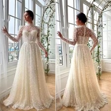 Lace Flowers Embroidery Beading Wedding Dress Beige Long Sleeves Floor-length
