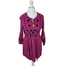 Boden Dress UK 10 Odetta Kaftan Embroided Floral Pink Mini Dress Boho Tassel 