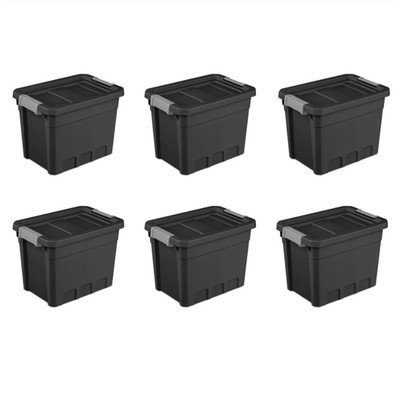 7.5 Gallon Stacker Tote, Durable Plastic Bin with Latch Lid, Black, 6 Pack