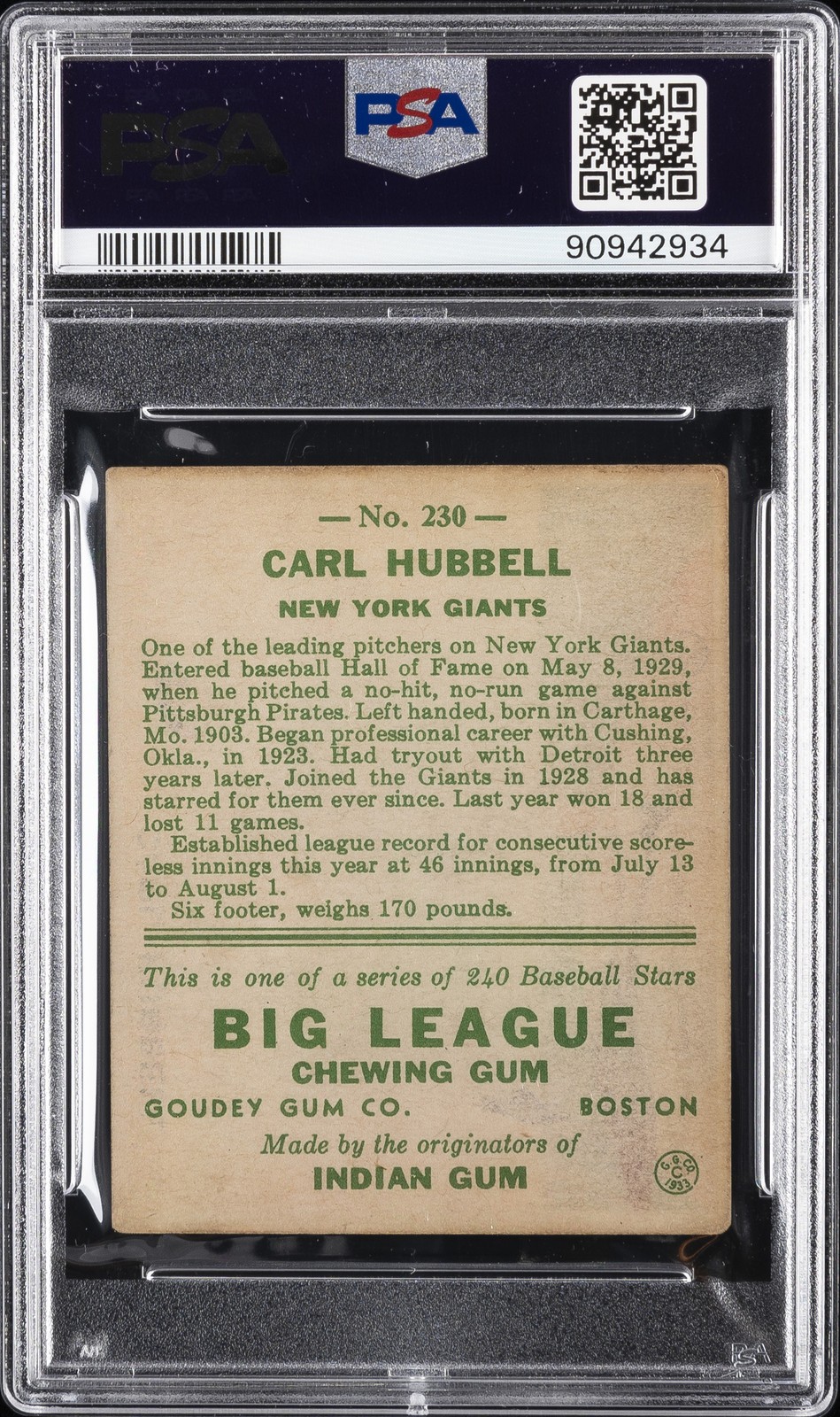 1933 GOUDEY #230 CARL HUBBELL ROOKIE RC PSA 3.5 view 2