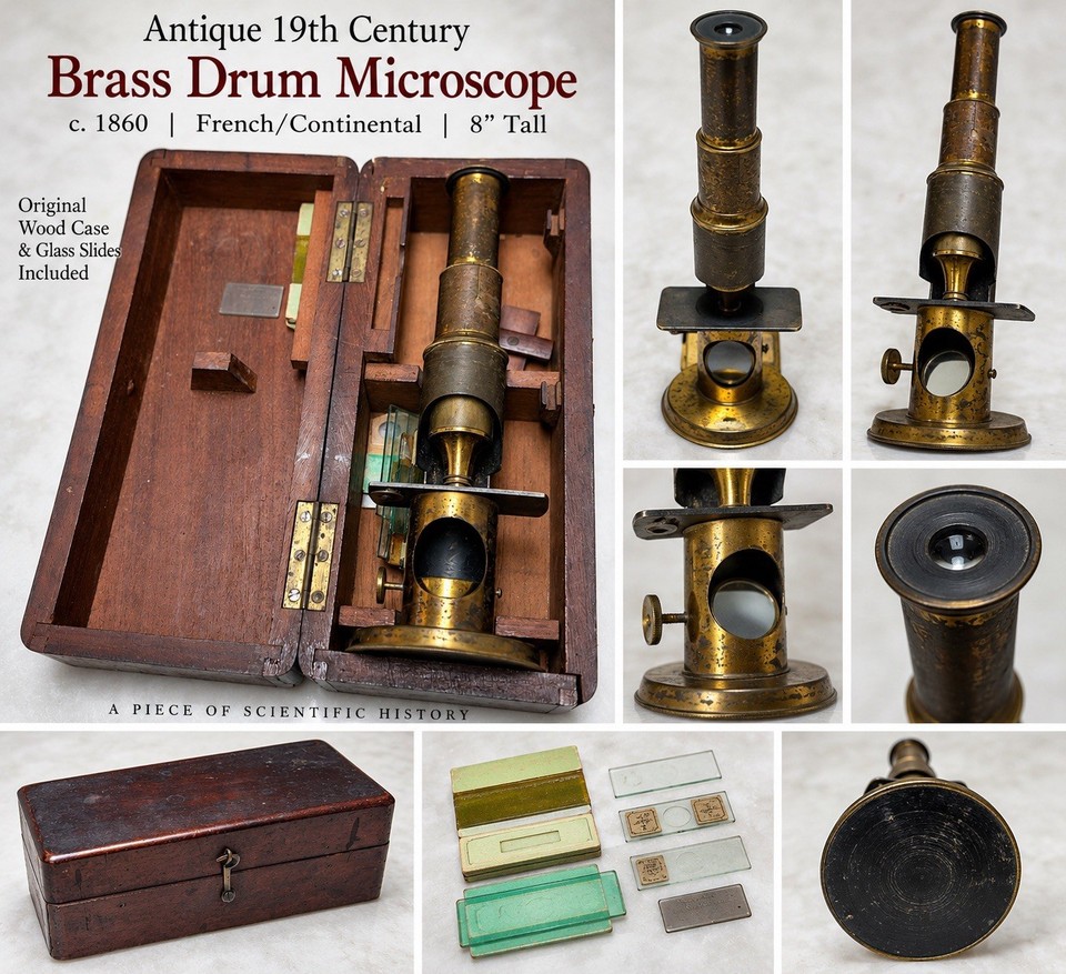 A fully functional c.1860 brass drum microscope in its original wood case — a genuine piece of Victorian scientific history that doubles as a jaw-dropping desk centerpiece.