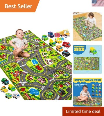 City Life Kids Play Rug - 58.5'' x 31.5'' Durable Carpet with 12 Pull-Back Vehi...