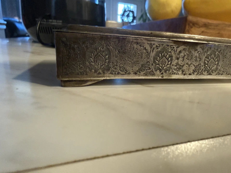 Antigua caja de plata persa grabada con bisagras - con sello Foto 3 de 4