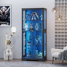 71” Display Cabinet with Glass Doors, Modern Curio Cabinet with 3 Color Lights