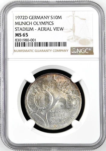 Germany 10 Mark 1972 D NGC MS65 UNC Silver Munich Olympics