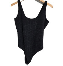 H M Bodysuit Womens M Black Textured Jacquard Scoop Neck Stretch One Piece