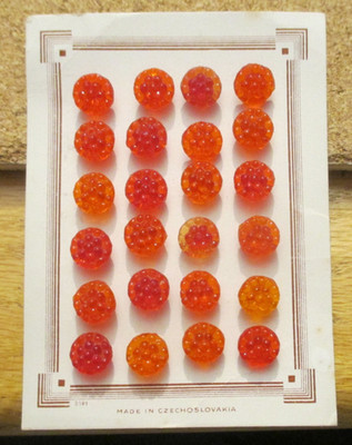24-Czech Glass Full Card of Red/Orange Raspberry Fruit Buttons  .346'' = 8.79mm