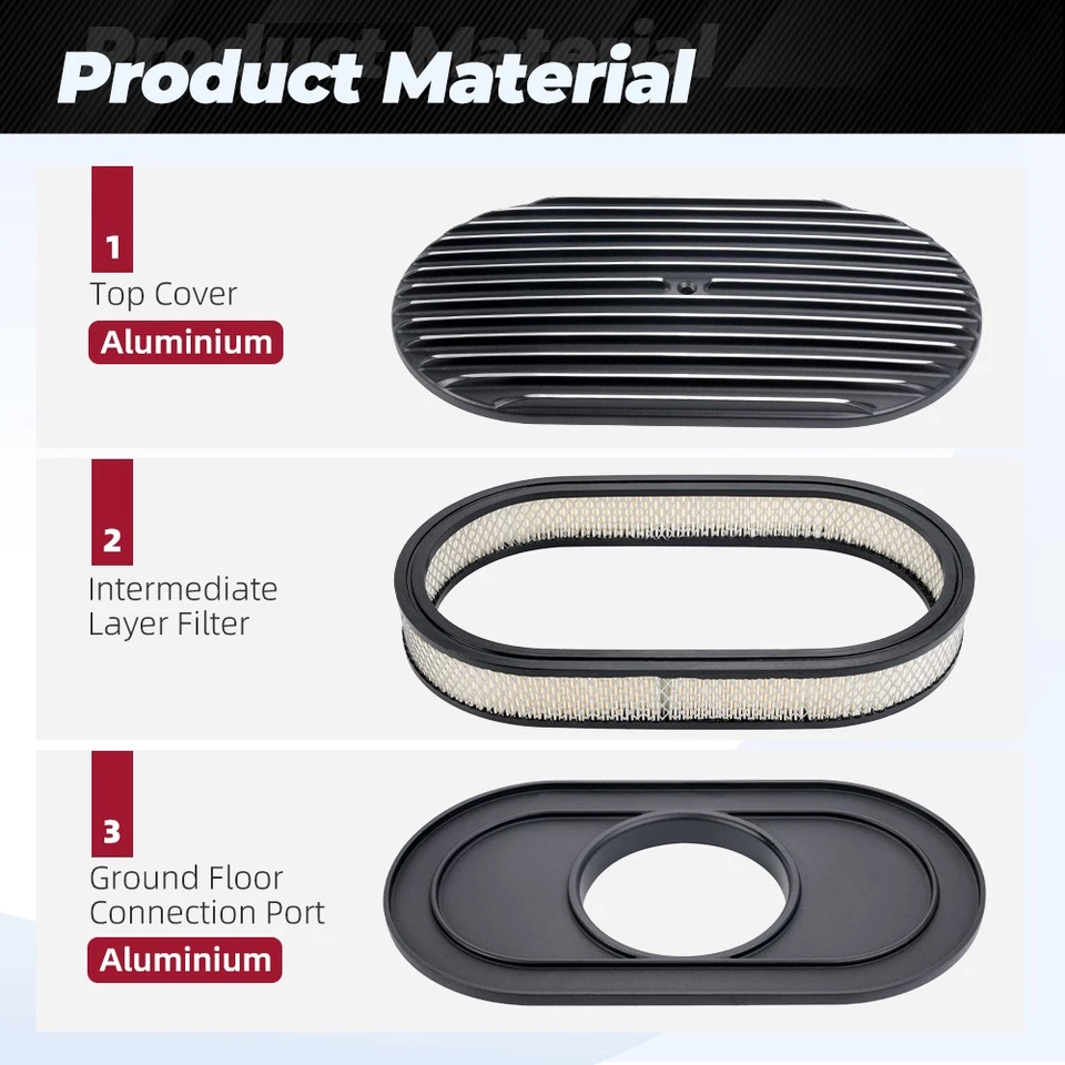 15" Oval Full Finned Air Cleaner Washable For SBC BBC Chevy Ford 5-1/8 Carb Neck - Imagem 3 de 4