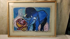 Vintage Original 1999 Signed Painting On paper elephant martine orsoni France