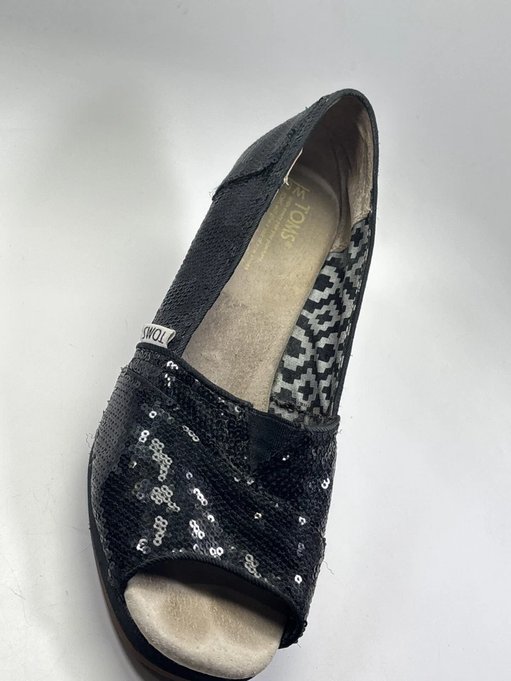 Zapatos Toms Mujer Talla 9 Negro Lentejuelas Punta Abierta Brillante Cuña Lona Tacones Verano Foto 4 de 4