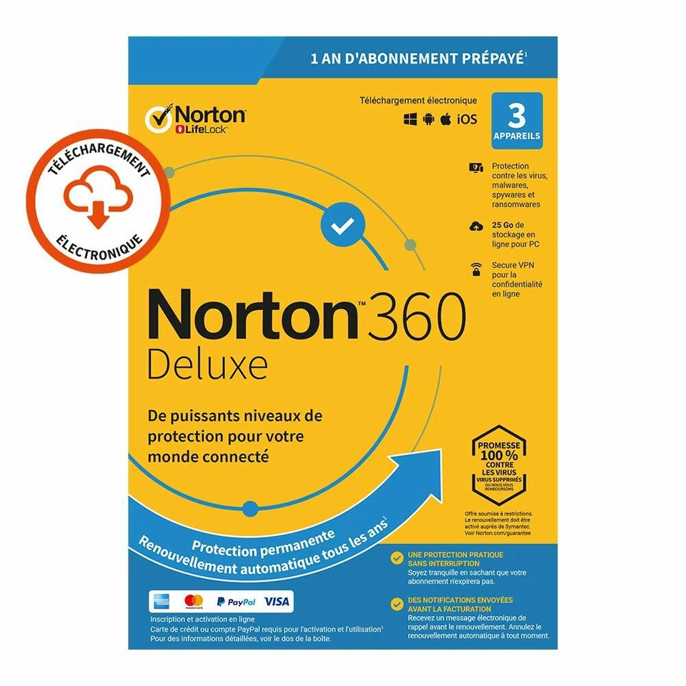 Norton 360 Deluxe 2025 3 App 3 PC 1 an PC MAC Internet Security FR EU 2024