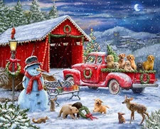 Christmas Covered Bridge Panel 36in x 44" Christmas Four Seasons David Textiles