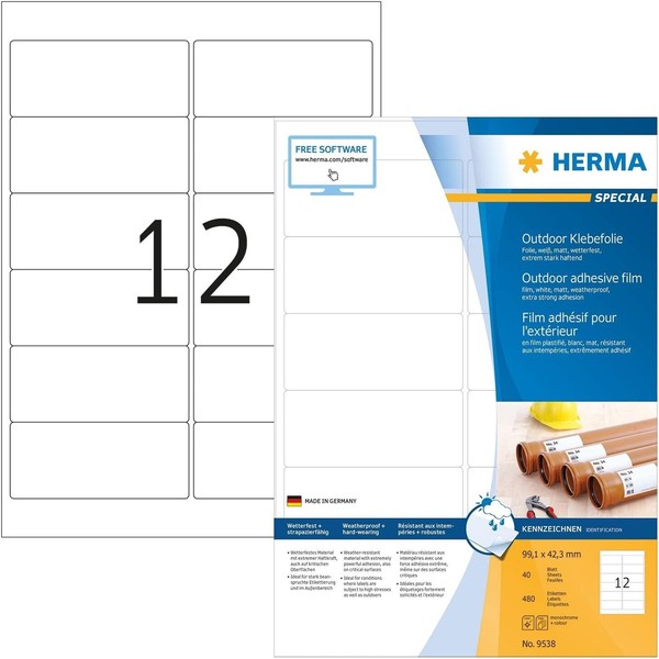 Herma 9538 Wetterfeste Folienetiketten, 40 Blatt, 99,1 X 42,3 Mm, 12 Pro A4-image