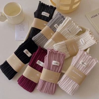 Femme mi-Mollet Chaussettes Rayé Japonais Stacked Coton Mélange Souple - Photo 1/4