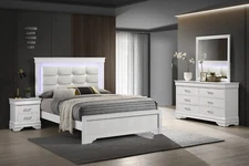 4pc Modern LED Light King Panel Upholstered Bed Wooden Bedroom Set White